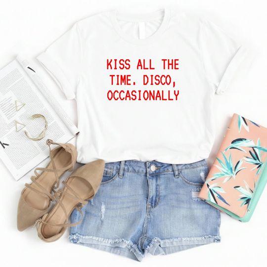 Discover Kiss All the Time Disco Occasionally Shirt, Funny Retro Quote Tee, Party Humor Shirt, Minimal Graphic T-Shirt,Unisex Graphic Tee, Disco Gift