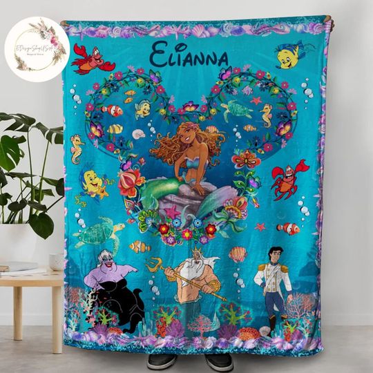Discover Personalized The Little Mermaid blanket, Mermaid Princess Flounder Sebastian blanket, Birthday gift for her, Afro Mermaid Girl blanket