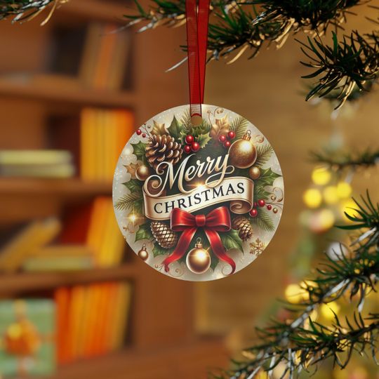 Discover Merry Christmas Wreath Metal Ornament | Round Holiday Decoration
