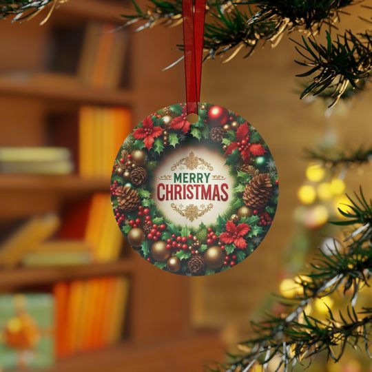 Merry Christmas Wreath Metal Ornament, Holiday Tree Decoration