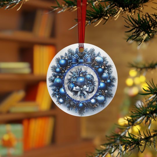 Blue Christmas Wreath Metal Ornament | Holiday Baubles Pine Needle Design