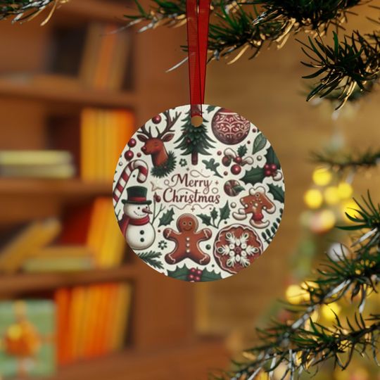 Merry Christmas Gingerbread Pattern Metal Ornament | Holiday Tree Decoration