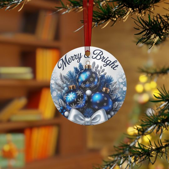 Merry & Bright Blue Baubles Metal Christmas Ornament