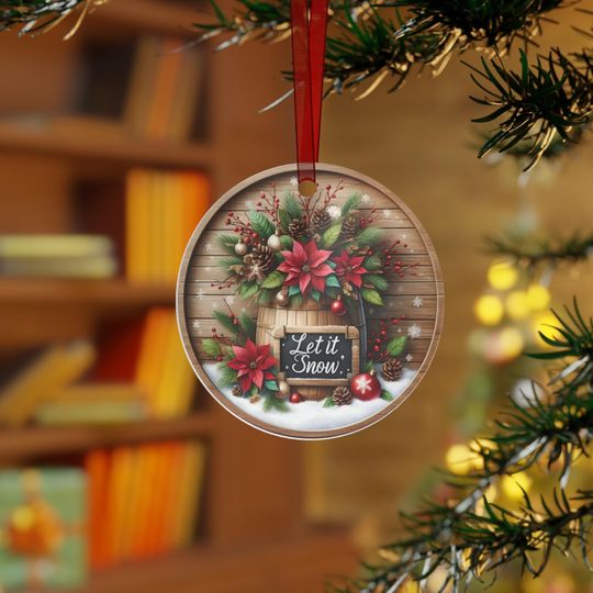Let It Snow Poinsettia Barrel Metal Ornament | Metal Ornament, Christmas Decor