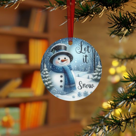 Snowman Christmas Metal Ornament, 'Let It Snow' Holiday Decoration