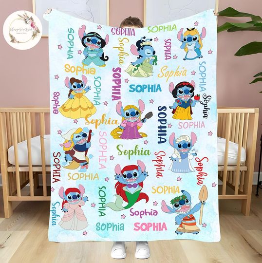 Discover Personalized Disney Stitch Princess Blanket, Custom Name Baby Girl Blanket, Disney Princess Birthday Girl, Custom Stitch Blanket