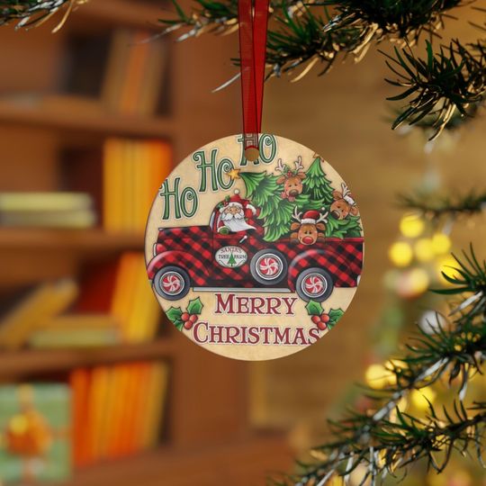 Buffalo Plaid Truck Christmas Metal Ornament: Santa, Rustic Farmhouse Decor