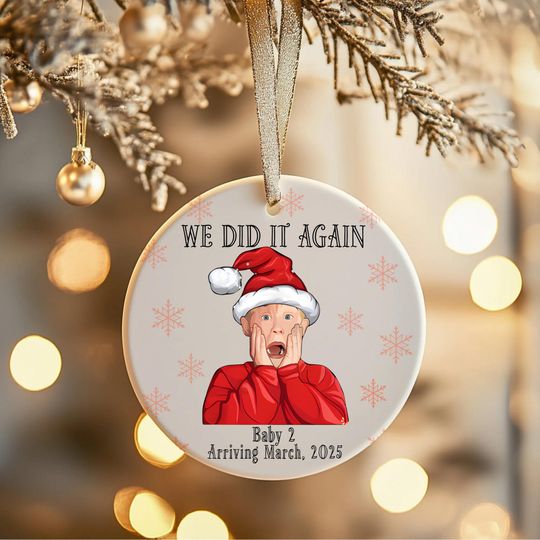 Personalized Home Alone Pregnancy Announcement Metal Ornament, Funny Christmas Tree Decoration