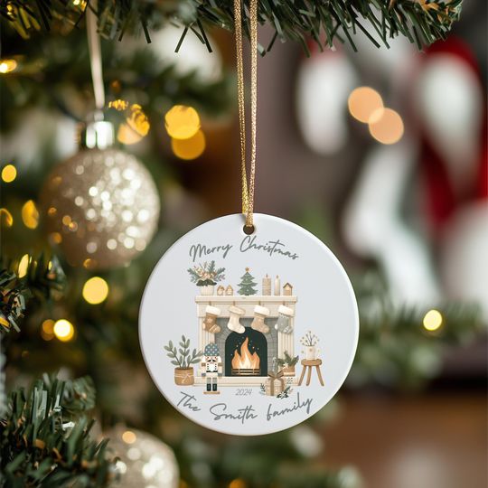 Personalized Family Christmas Metal Ornament | Boho Fireplace Keepsake