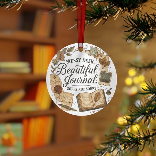 Messy Desk Beautiful Journal Metal Ornament | Literary Booklover Holiday Decoration