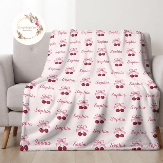Discover Personalized Coquette Bow Cherry Orange Grape Watermelon Fruits Blanket, Cherry Girly Baby Girl Blanket, Birthday Girl Gift, Girly Aesthetic