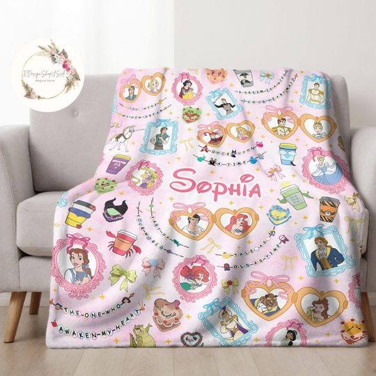 Discover Personalized Coquette Bow Bracelet Disney Princess Blanket, WDW Disneyland Baby Girl Trip Blanket, Princess Birthday Girl Blanket