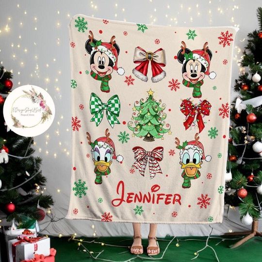Discover Personalized Coquette Bows Mickey & Friends Santa Disney Christmas Blanket, Mickey's Very Merry Christmas Home Decor, Family Christmas Tree