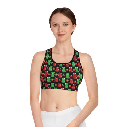 Discover Red and Green Gummy Bears Sports Bra | Candy Pattern All-Over Print