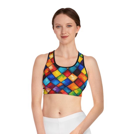 Geometric Mosaic Sports Bra, Rainbow Fitness Performance, Pilates Athelete Top