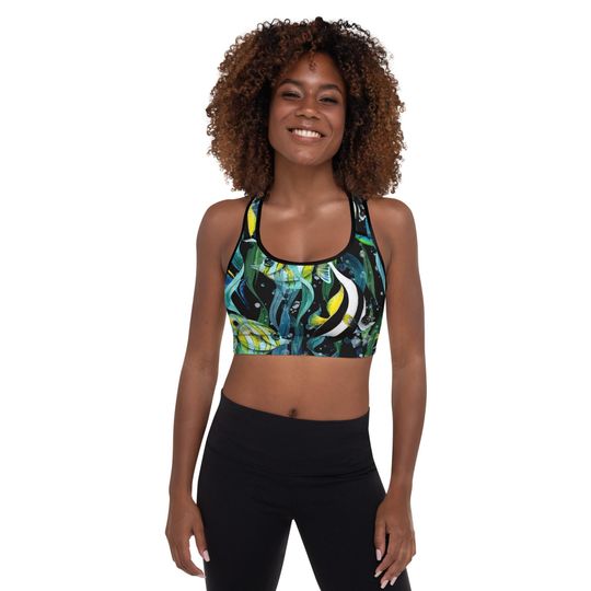 Discover Ocean Print Padded Sports Bra: Yoga, Swim, Scuba Diving