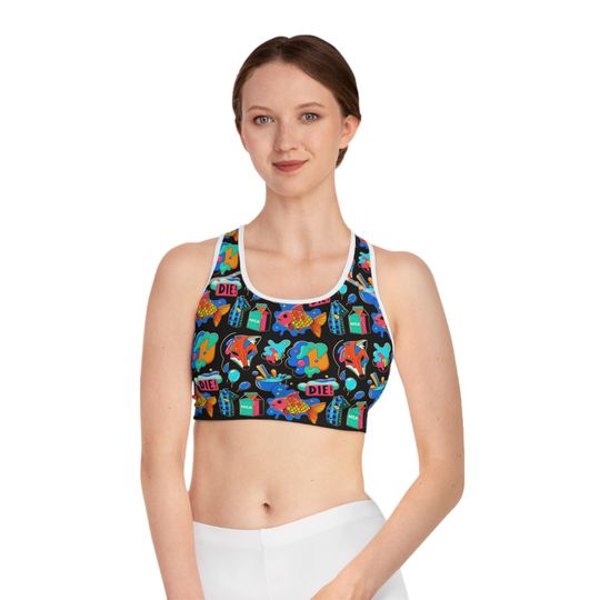 Discover Neon Koi Fish Pattern Sports Bra | Colorful Milk Carton Sushi Pop Art