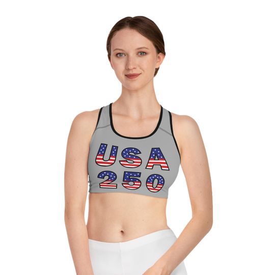 Discover USA 250 Sports Bra, Patriotic Athletic Top, Pilates Instructor Anniversary, 250th Yoga Activewear