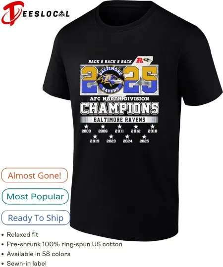 Discover Baltimore 1Raven Champions at A.F.C North Division back 2 back 2 back 2025 shirt