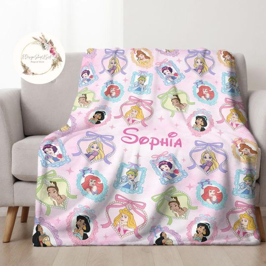 Discover Personalized Coquette Bows Disney Princess Blanket, Cinde Rapunzel Baby Girl Trip Blanket, Princess Birthday Girl Blanket