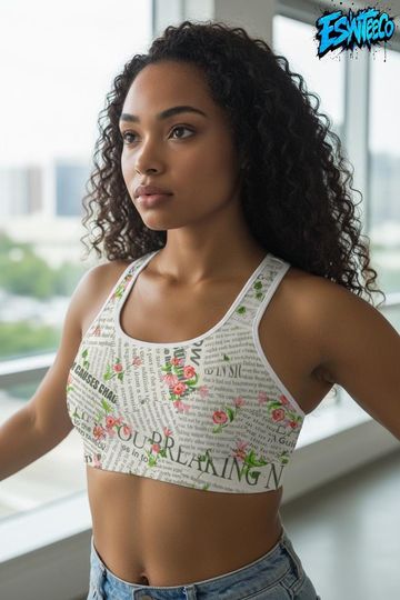 Discover Floral Newspaper print Sports bra