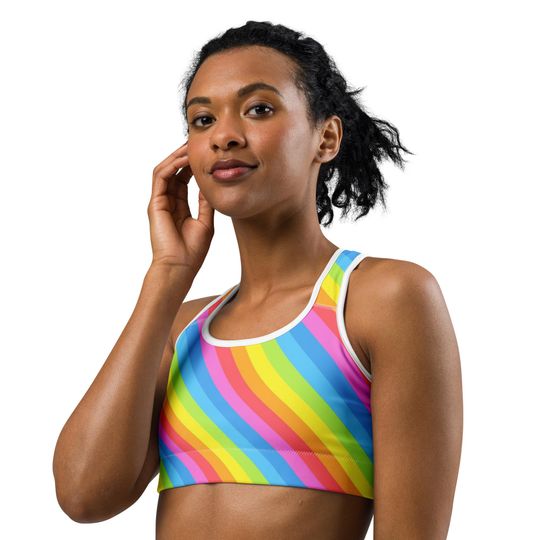 Discover Women's Rainbow Stripe Sports Bra, Colorful Workout Bra, Racerback Yoga Sports Bra