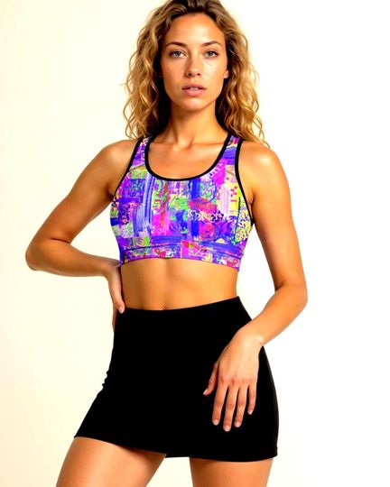 Vibrant Abstract Collage Sports Bra | Purple Neon Pattern