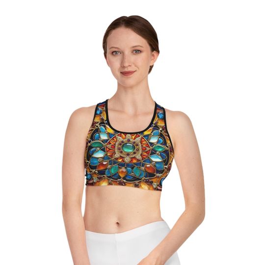 Discover Stained Glass Mandala Sports Bra, Jewel Gemstone Fitness Top, Performance Fitness, Yoga Gym Instructor