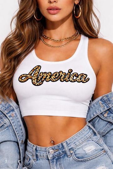 Discover Leopard Script "America" Sports Bra | Animal Print Patriotic Activewear