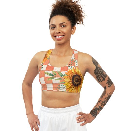 Sunflower Checkered Sports Bra: Women's Medium Support Workout Top