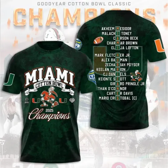 Miami Hurricane Football Cotton Bowl Champions 3D Apparel Shirt S-5XL