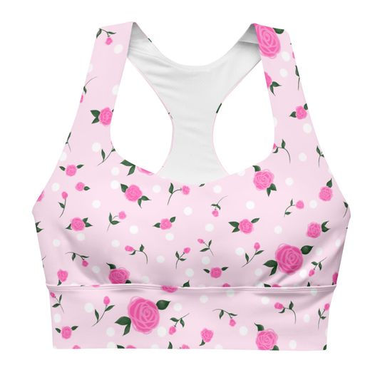 Pink Floral Polka Dot Longline Sports Bra, Womens Athletic Wear, Gym Clothes, Pilates Essential