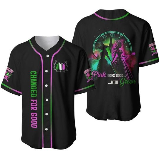 Discover Wicked Pink and Green Baseball Jersey, Musical Theater Broadway Gift, Unisex Button-Up Jersey