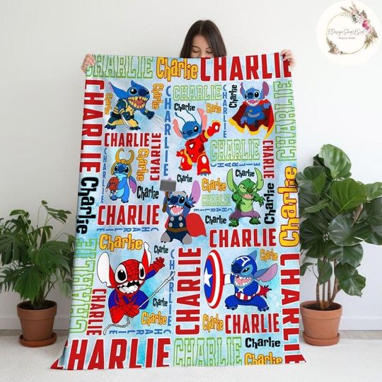 Discover Personalized Disney Stitch Superheroes Blanket, Stitch Cosplay Marvel Avengers Blanket, Spiderman Blanket, Birthday Boy Girl Gift