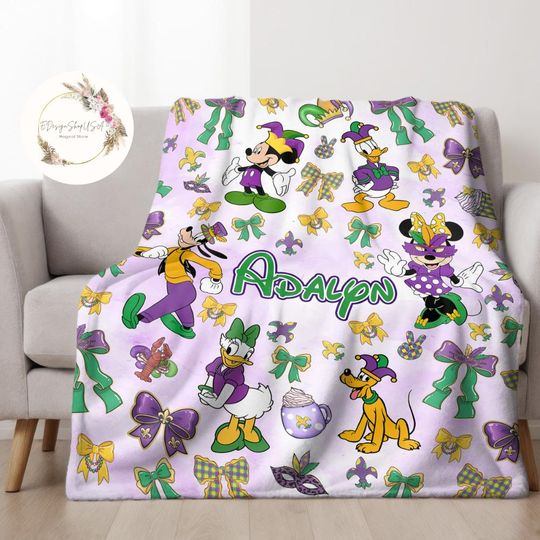 Discover Personalized Coquette Bows Disney Mardi Gras Blanket, Mickey and Friends Mardi Gras Party Louisiana, Happy Mardi Gras Carnival