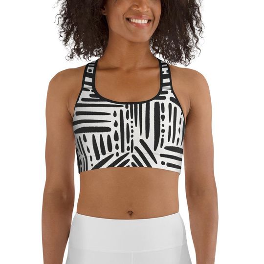 Black and White Sports Bra - Comfy Sports Bra - Tribal Print Sports Bra