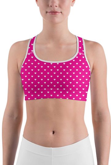 White Mini Hearts Pink Sports Bra
