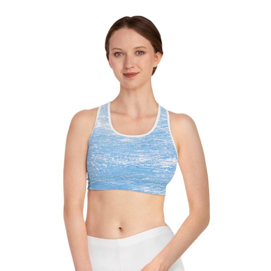 Sports Bra (AOP), Blue Sports Bra, Light Blue Sports Bra, Blue Sky Sports Bra