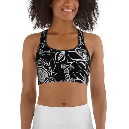 Discover Black and White Floral Print Sports Bra: Stretchy Moisture-Wicking Fabric
