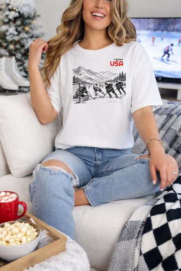 Team USA Hockey T Shirt Vintage Winter Sports Graphic Tee Patriotic Hockey Shirt Ski Lodge Style Top Cozy Winter Fan Gift
