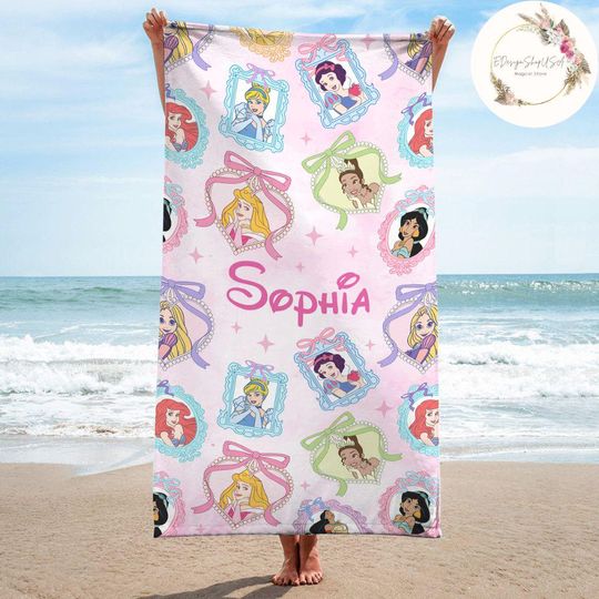 Discover Personalized Coquette Bow Disney Princess Beach Towel, Girly Princess Birthday Girl Towel Bath Pool Summer Beach Trip, Disney Girl Trip Bow