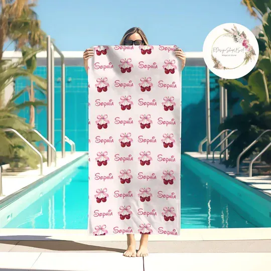 Discover Personalized Coquette Bow Cherry Disney Fruits Beach Towel, WDW Disneyland Girl Towel Bath Pool Summer Beach Trip