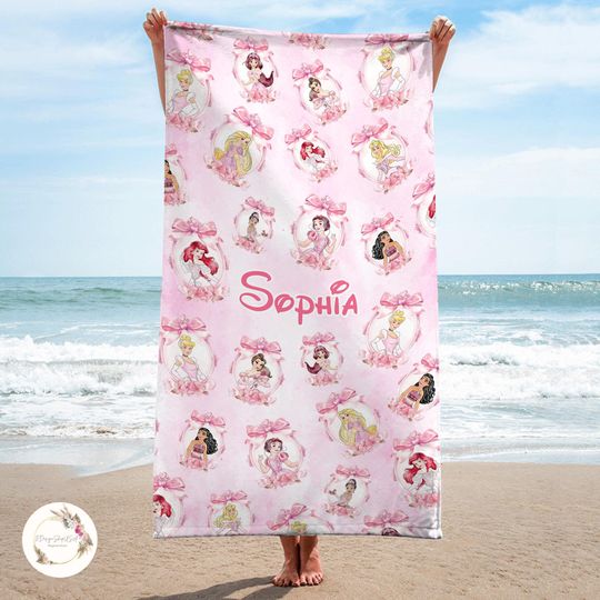 Discover Personalized Coquette Bow Disney Princess Beach Towel, Girly Princess Birthday Girl Towel Bath Pool Summer Beach Trip, Disney Girl Trip Bow