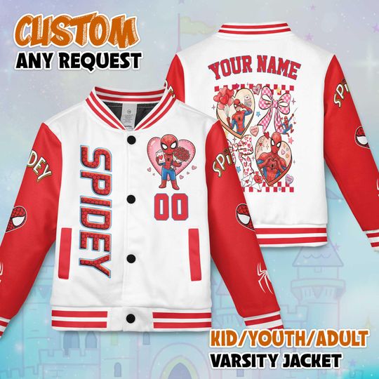 Custom Spidey Valentine Jacket, Personalized Spidey Baseball Jacket, Kids Youth Adult Spiderman Varsity Jacket