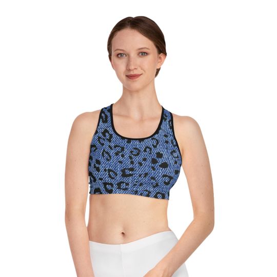 Denim Leopard Look Sports Bra Women's Athletic Crop Top Yoga Gym Performance