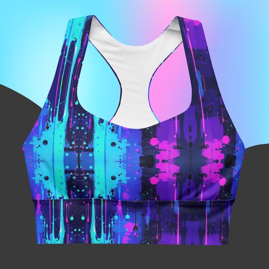 Discover Neon Urban Graffiti Sports Bra Women's Longline Yoga Top Blue Racerback Fitness Bralette