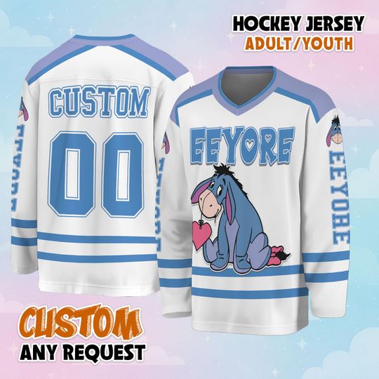 Discover Custom Eeyore Valentines Day Hockey Jersey, Disney Winnie the Pooh Hockey Jersey, Hockey Fan Lover Gift, Hockey Team Outfit