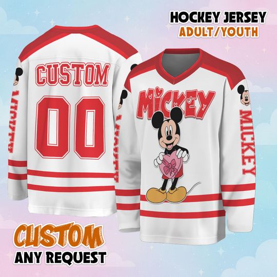 Discover Custom Mickey Valentines Day Hockey Jersey, Personalized Mickey & Minnie Lover Hockey Jersey, Disney Couple Valentine Matching Gift