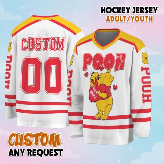 Discover Custom Winnie the Pooh Valentines Day Hockey Jersey, Personalize Disney Hockey Shirt, Lucky Hockey Gift