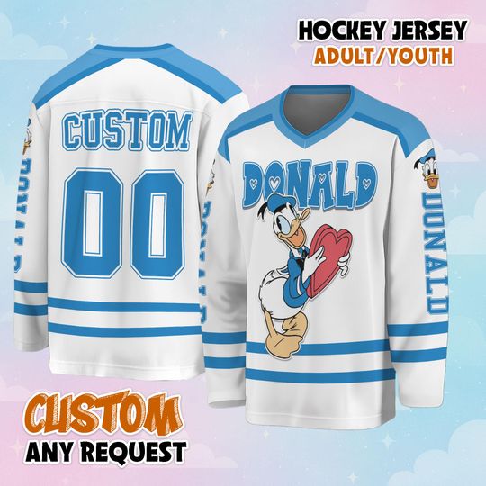 Discover Personalize Donald Valentines Day Hockey Jersey, Disney Mickey and Friends Hockey Shirt, Matching Family Tee, Disney Fan Gift